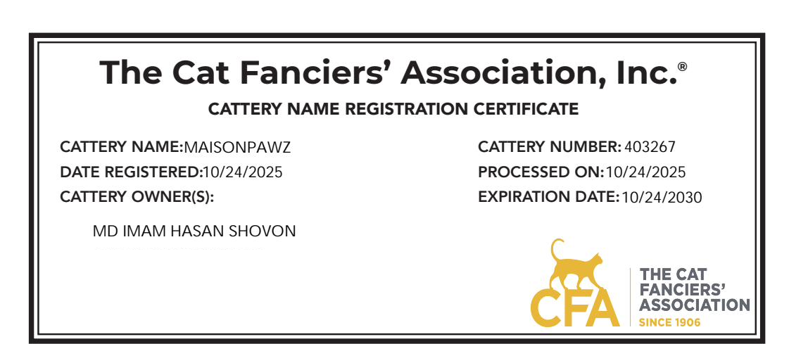 CFA Cattery Registration Certificate